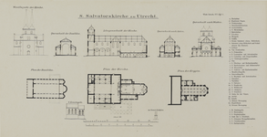 214512 Plattegronden, opstand van de voorgevel en doorsneden van de Oud-Munsterkerk te Utrecht.Met Duitstalige ...